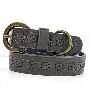 Vintage Brown Leather Jean Belt Daisy Flower Cut Out Heavy Brass Fittings